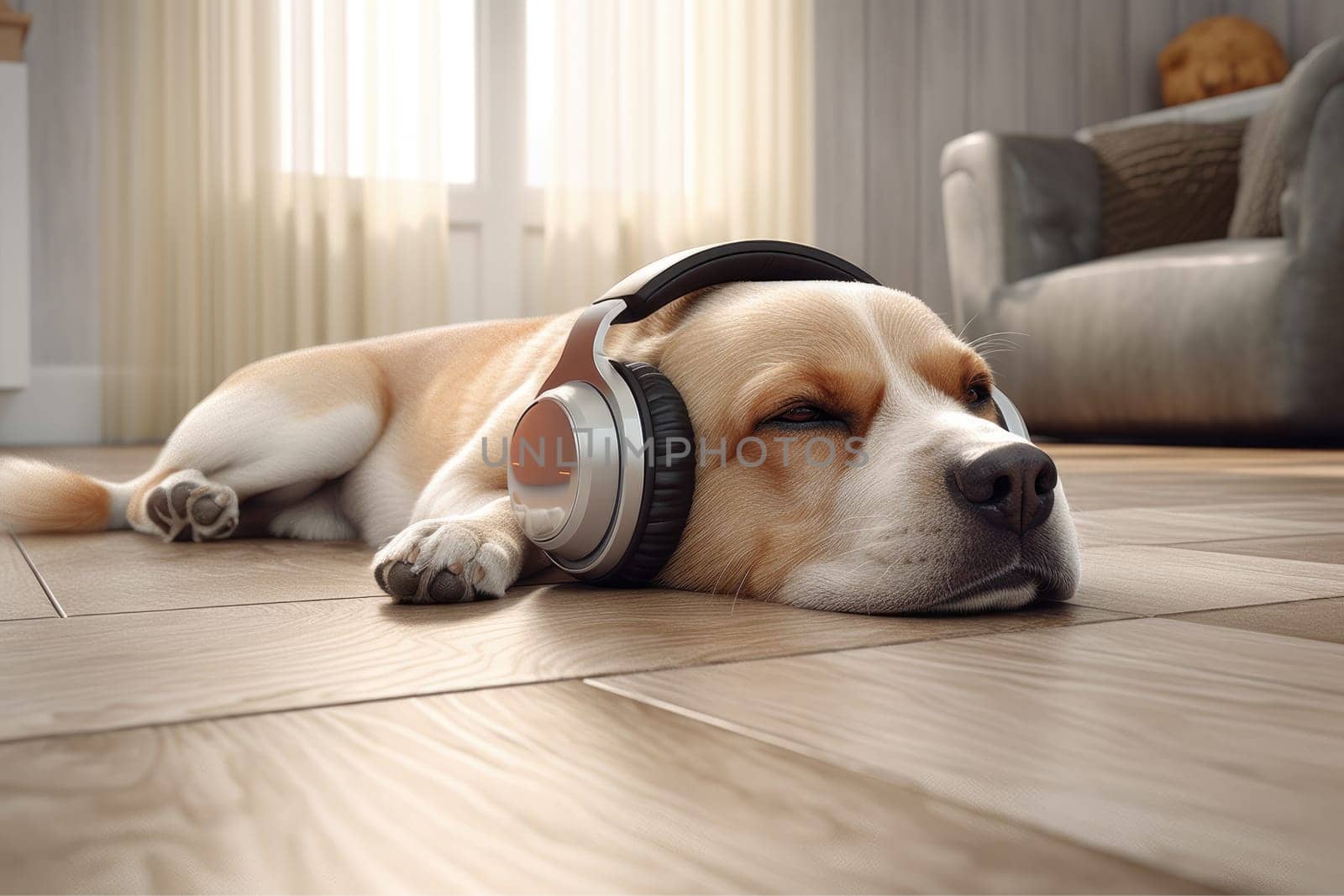 photo of a dog napping wearing earphone, comfortably lying on a floor, AI Generative by nijieimu