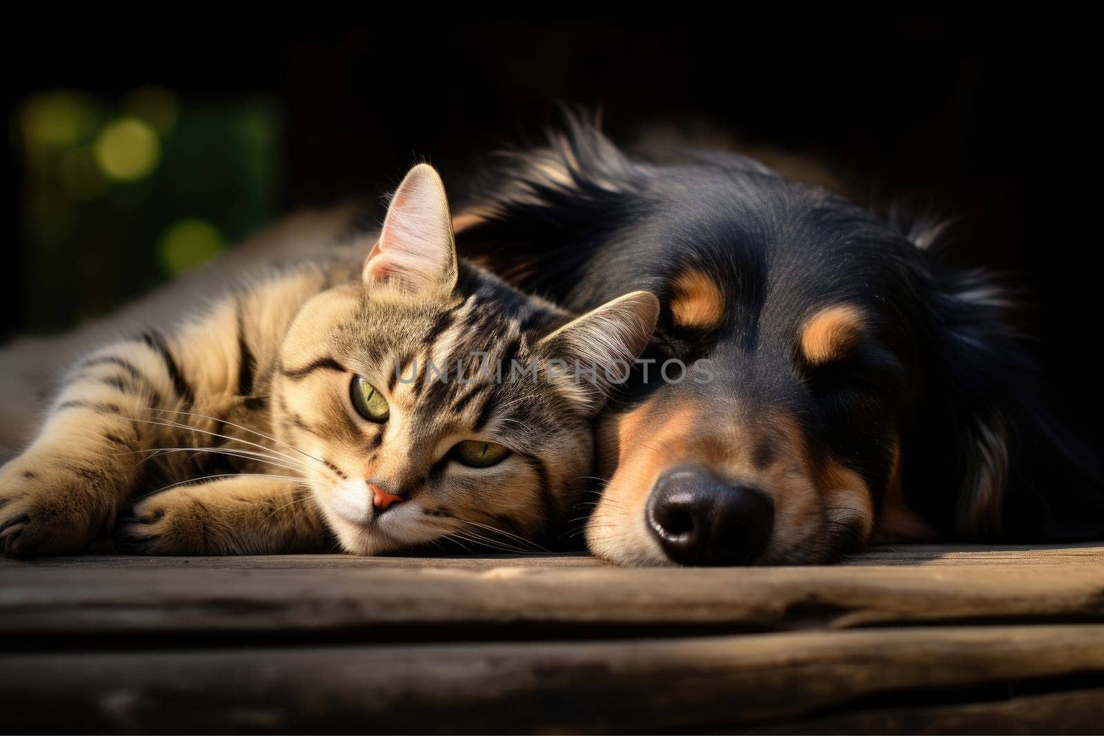 A dog and a cat lying down together, low angle shot, AI Generative.