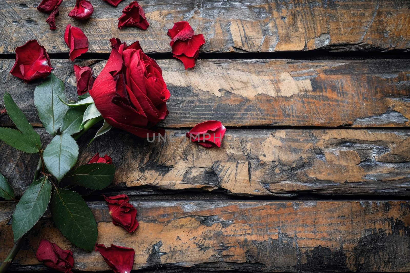 Rustic wooden background with a Valentine's theme with rose, Greeting card with copy space.