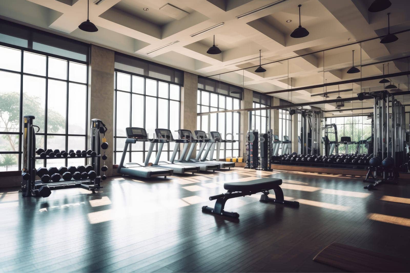 Modern light gym. Sports equipment in gym, AI Generative.