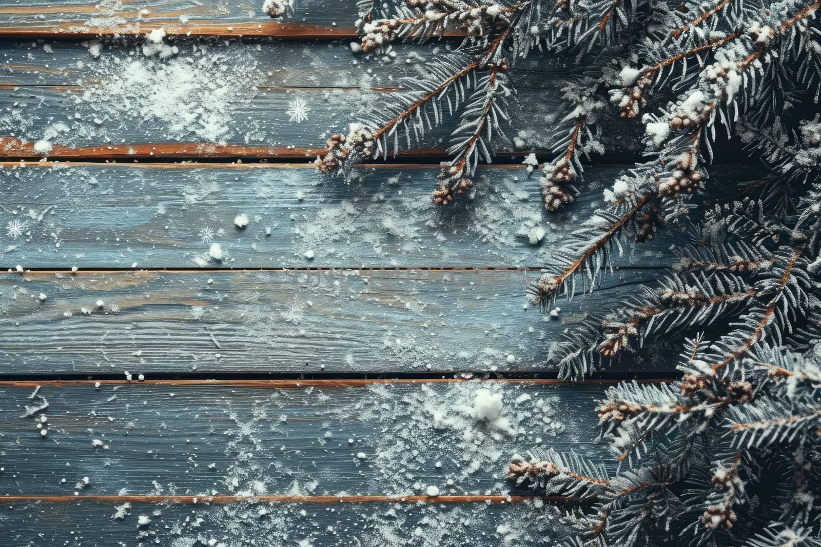 Rustic wooden background with a winter scene and many wooden slats with copy space.