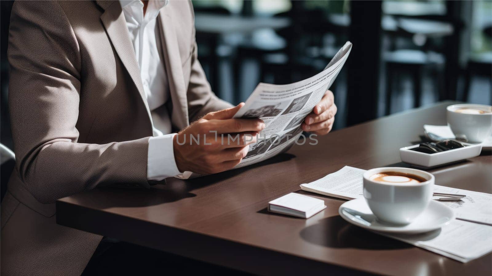 Man relaxing with coffee and newspaper, AI Generative.