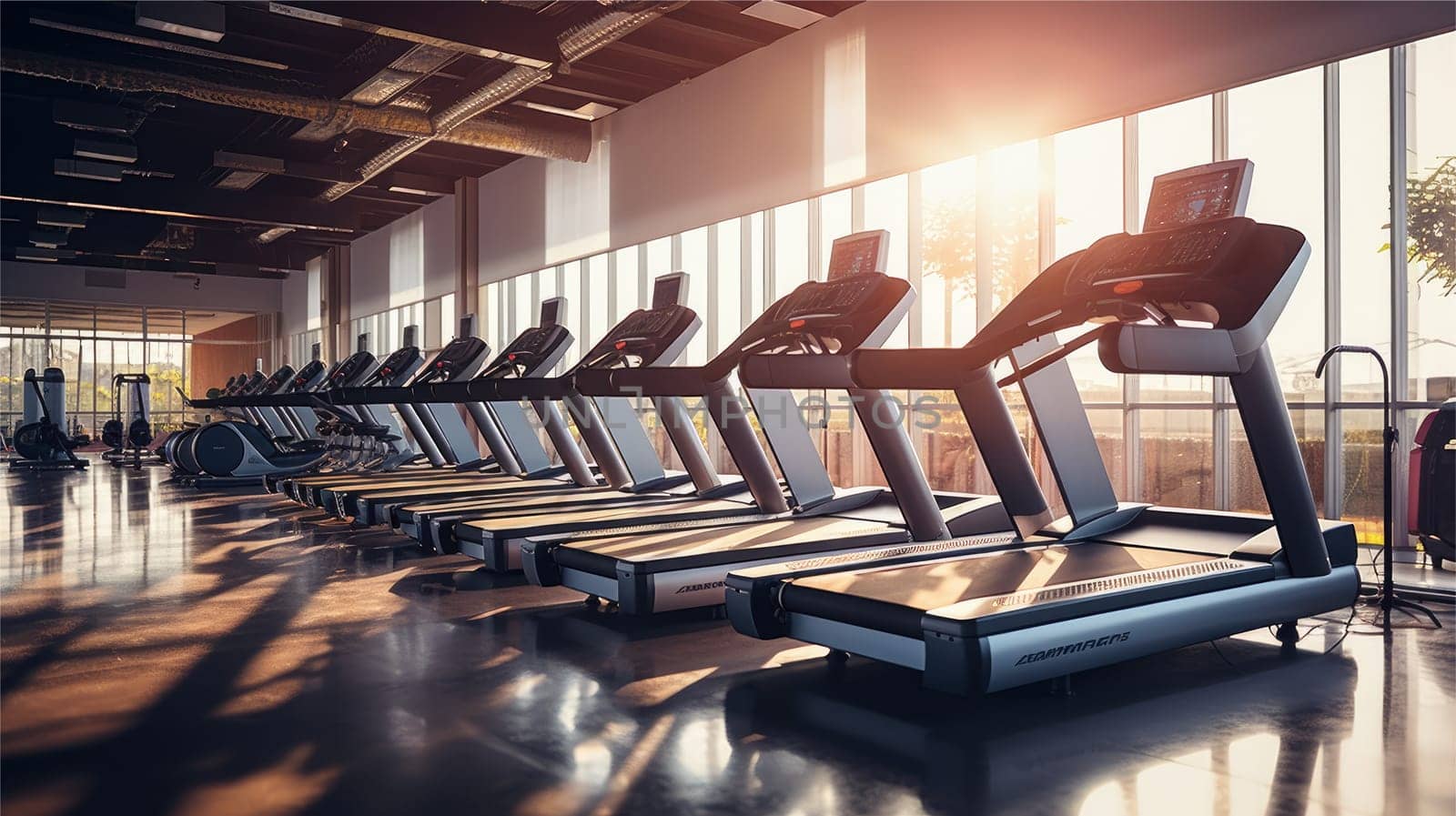 Modern light gym. Sports equipment in gym, AI Generative.