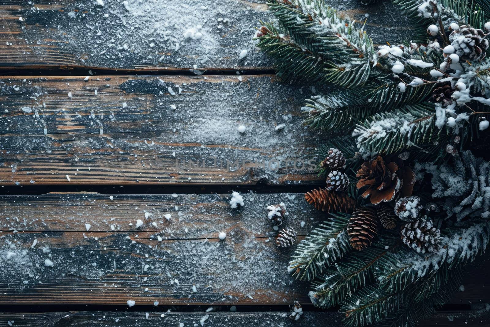 Rustic wooden background with a winter scene and many wooden slats with copy space.