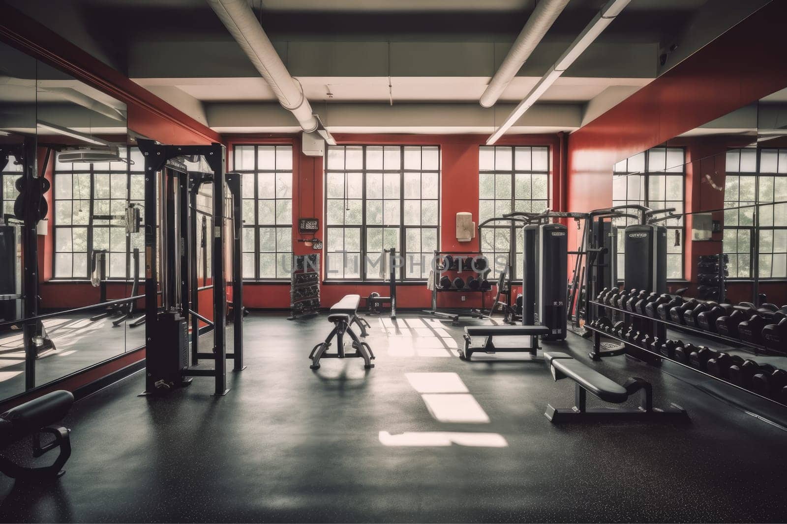Modern light gym. Sports equipment in gym, AI Generative.