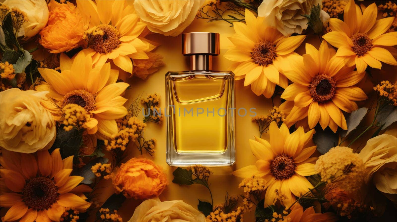 Mockup Perfume bottle with flower minimalism texture photography, Showcase Product, AI Generative.