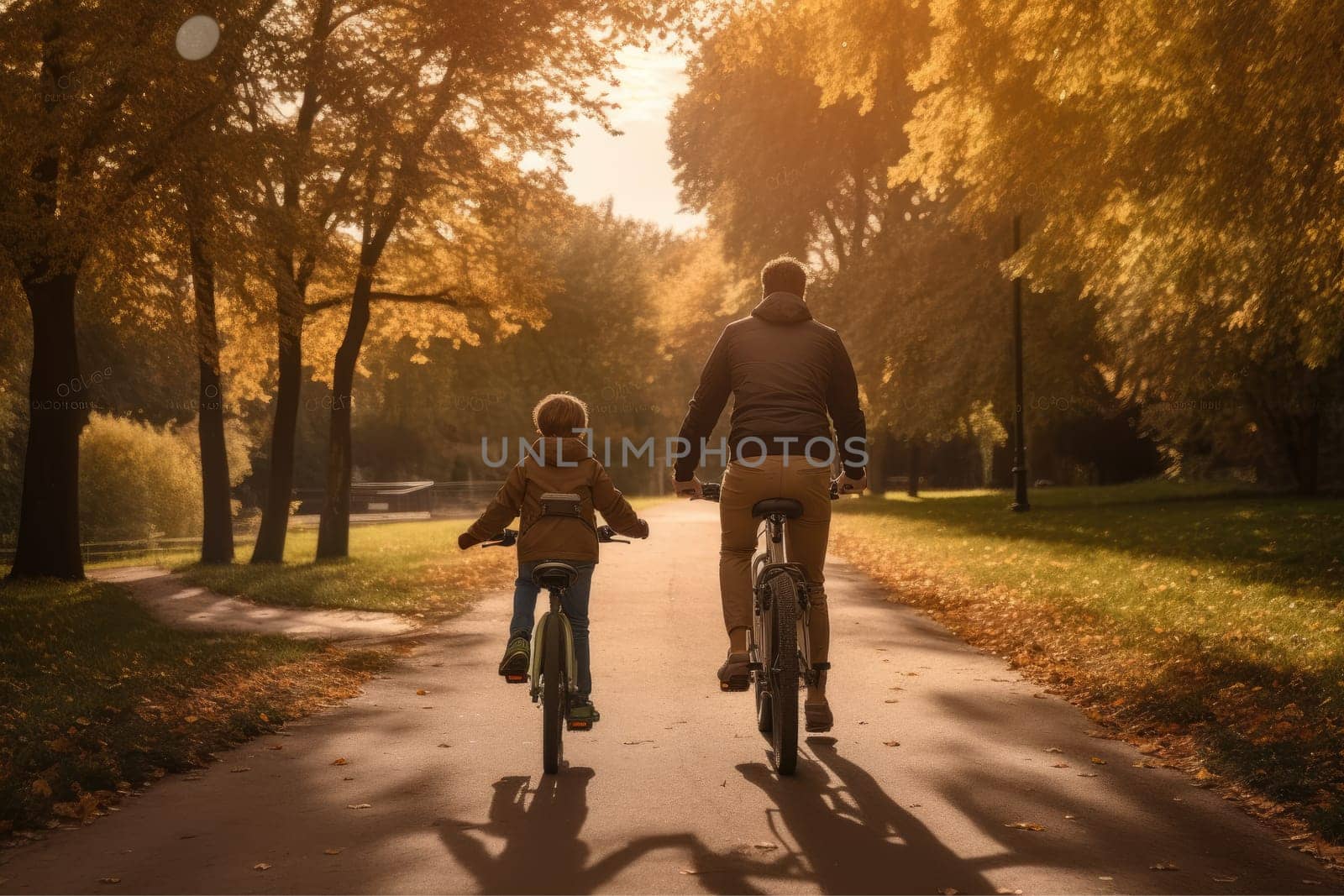 Rear view of a boy riding a bicycle whit his father next to him. AI Generative.