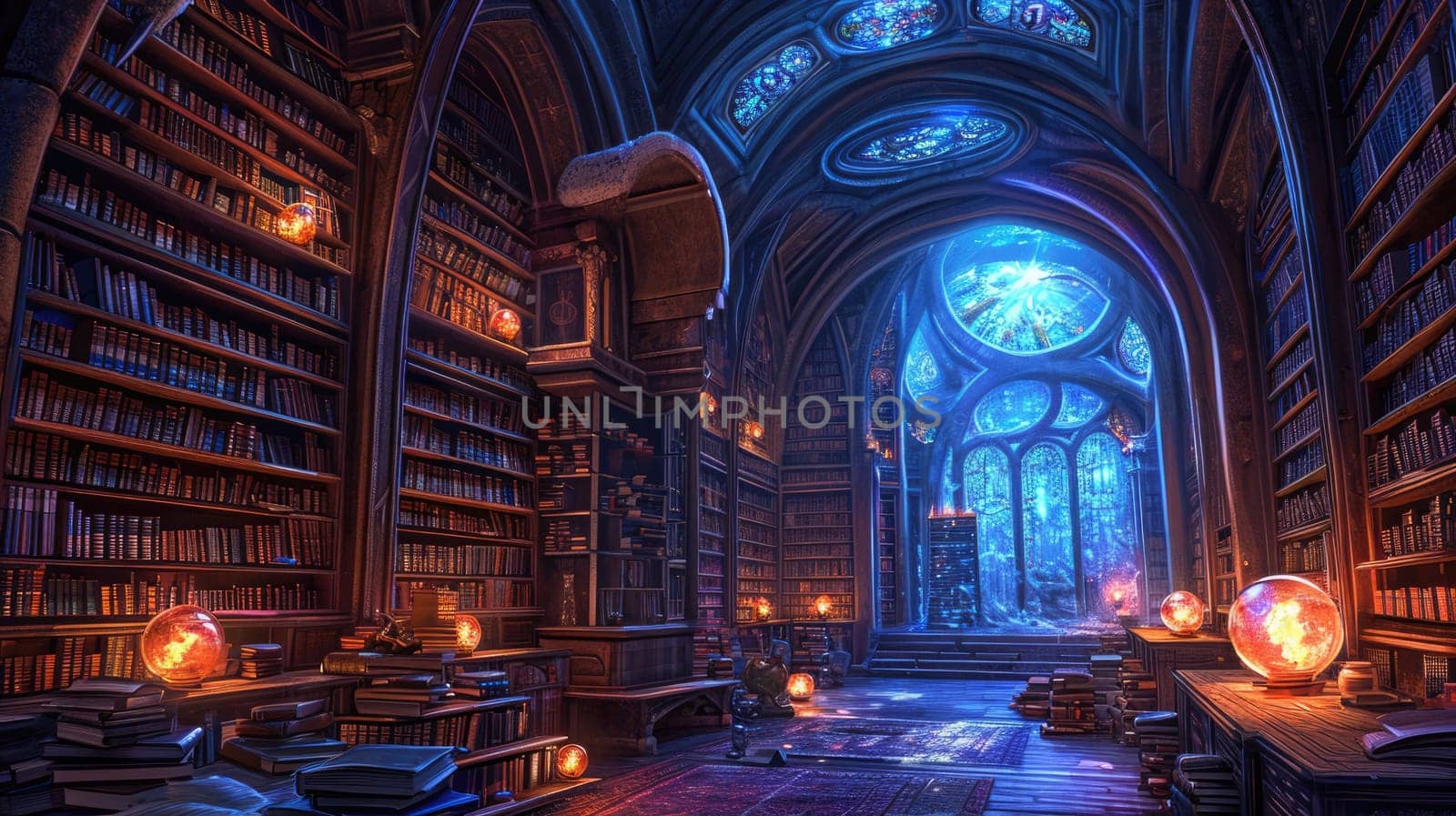 An ancient library filled with magical books, glowing orbs. Resplendent. by biancoblue