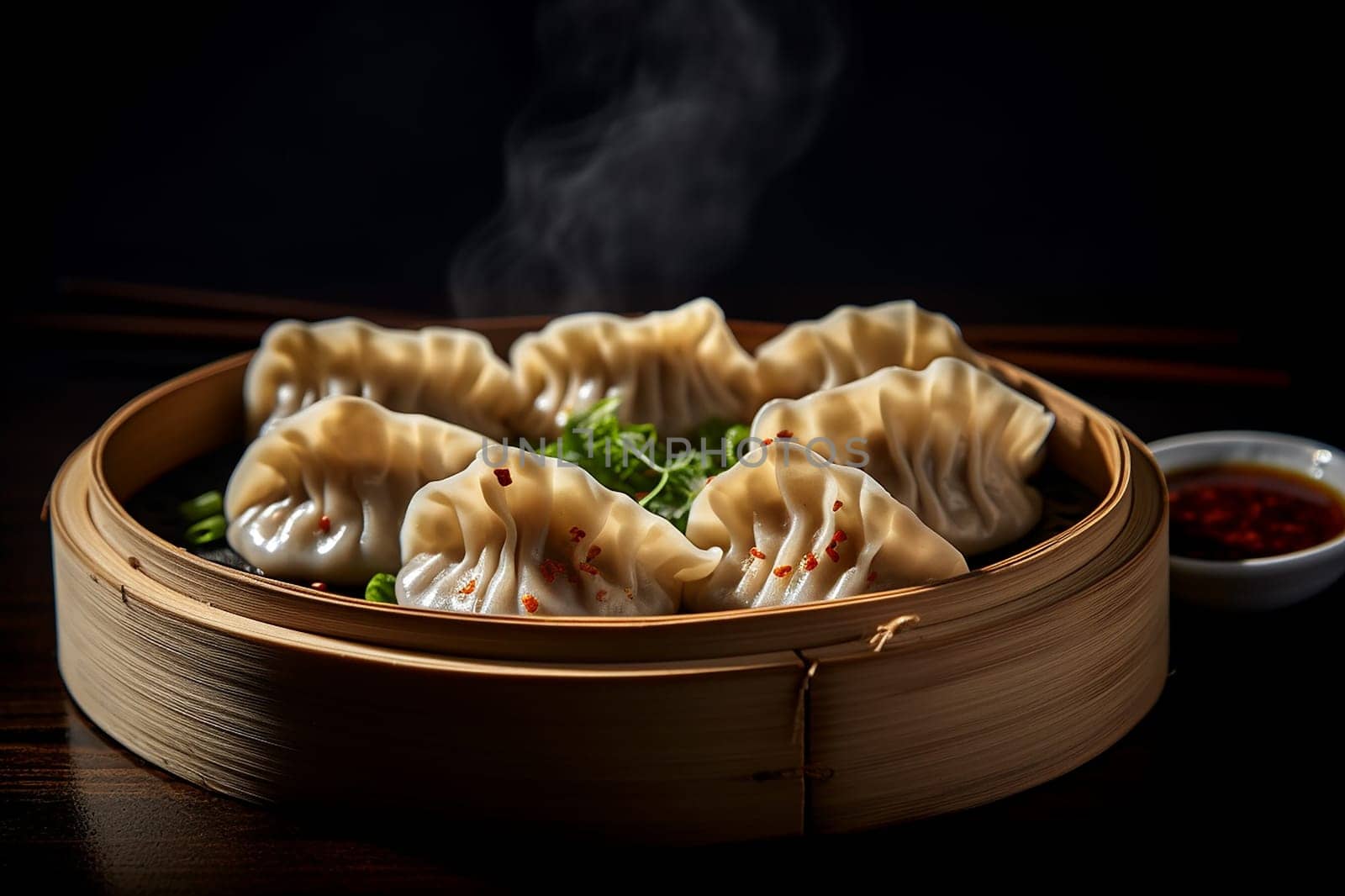 Steamed dumplings gyoza with meat in bamboo steamer with soy sauce on the side