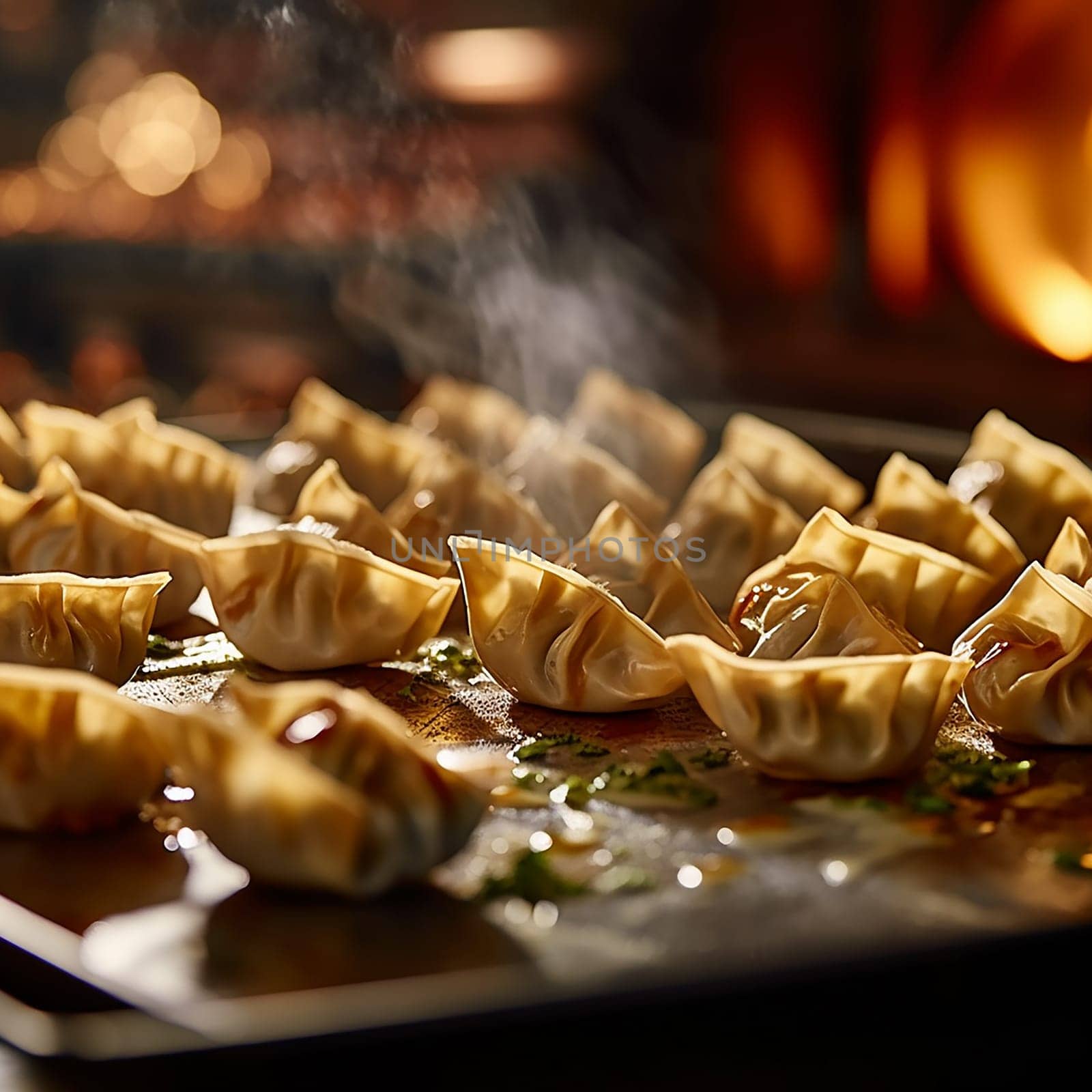 Steamed dumplings gyoza with meat in bamboo steamer with soy sauce on the side