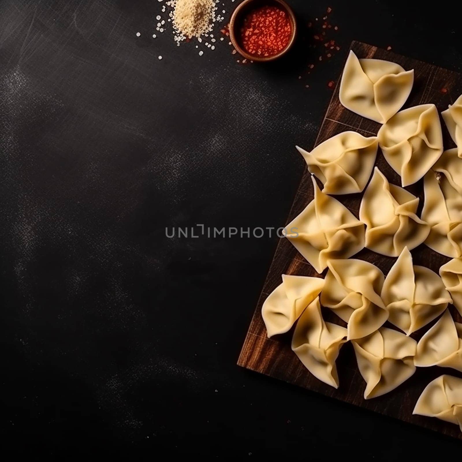 Arranged dumplings on dark background, ready to be cook