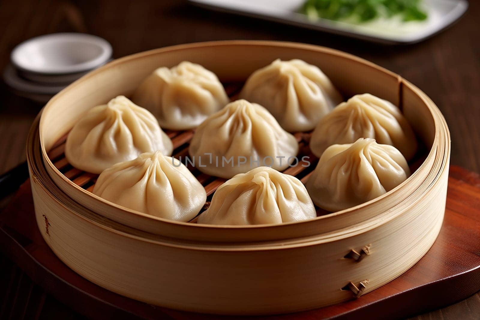 Steamed baozi dumplings chinese ansian food, bamboo steamer