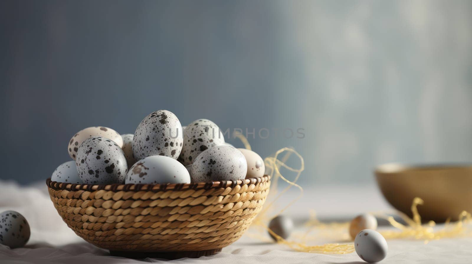 Rustic Easter Celebration: Colorful Quail Egg Nest on Wooden Table by Vichizh