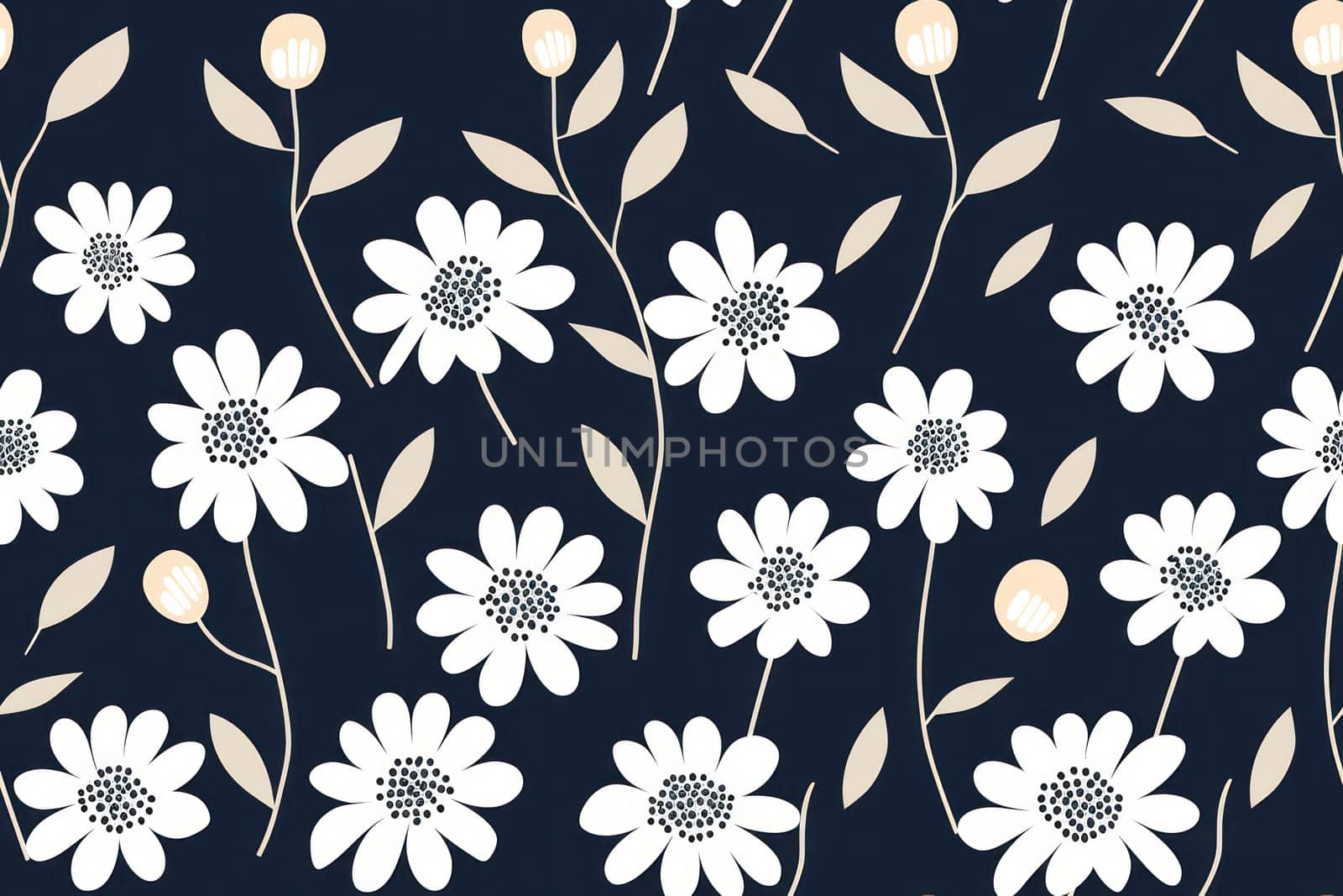 Seamless Floral Summer Retro Wallpaper Pattern with Blue Daisy Blossoms on White Background