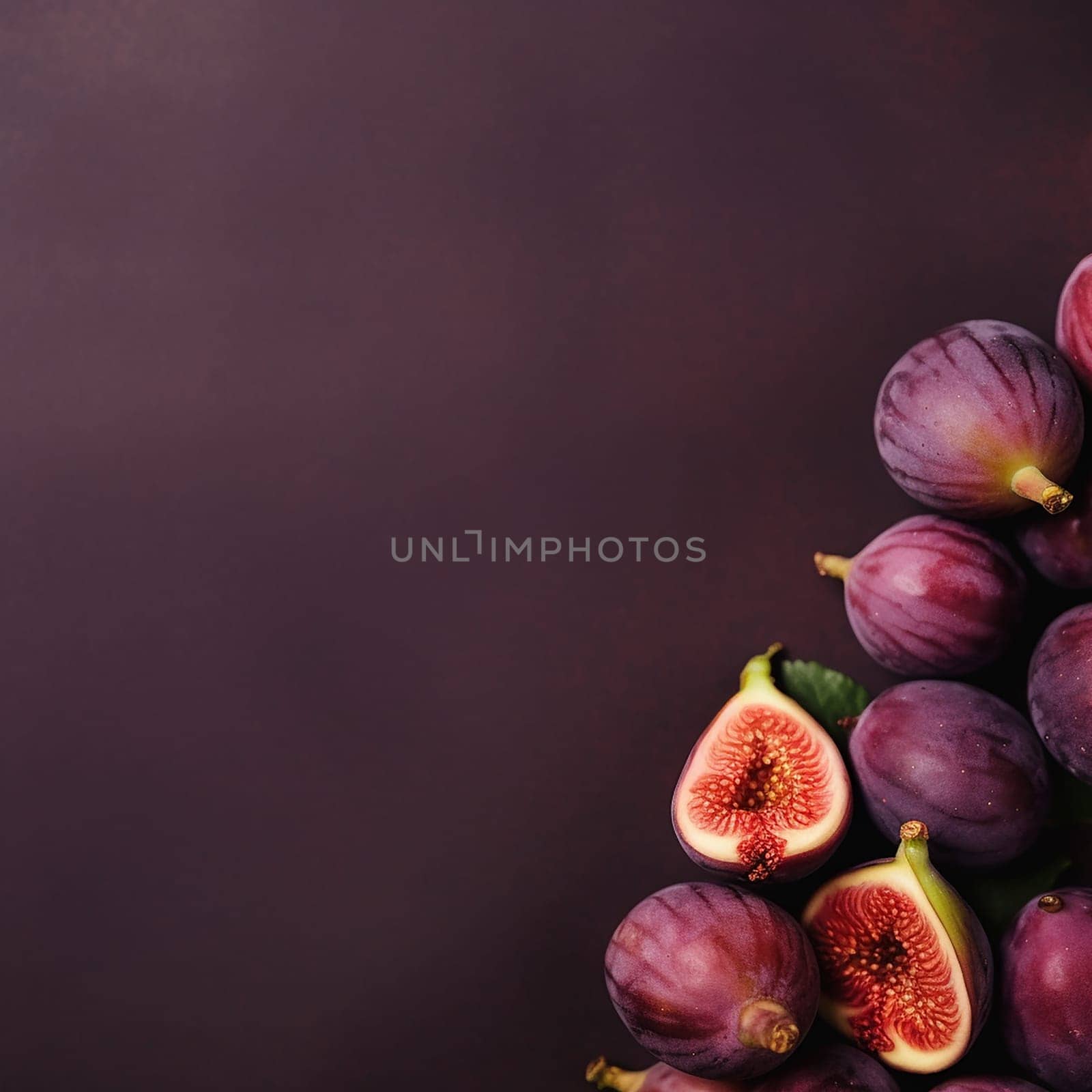 A collection of whole and cut figs on a dark background.