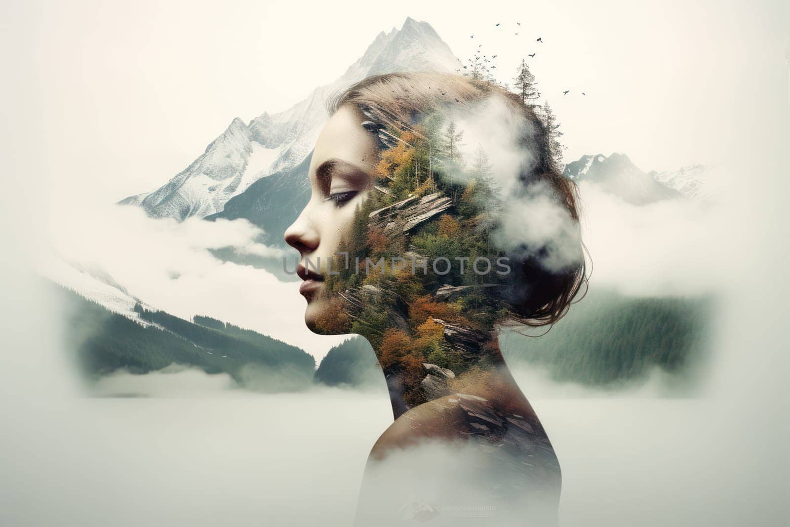 Nature's Abstract Reflection: A Creative Double Exposure Portrait of a Young Woman, with Multiple Conceptual Effects, Attractive and Artistic, against a Tranquil, White Background by Vichizh