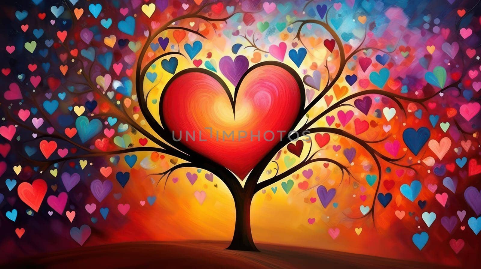 Romantic Love: A Whimsical Heart-shaped Tree of Emotions and Beauty, Illustration on a Red Abstract Background by Vichizh