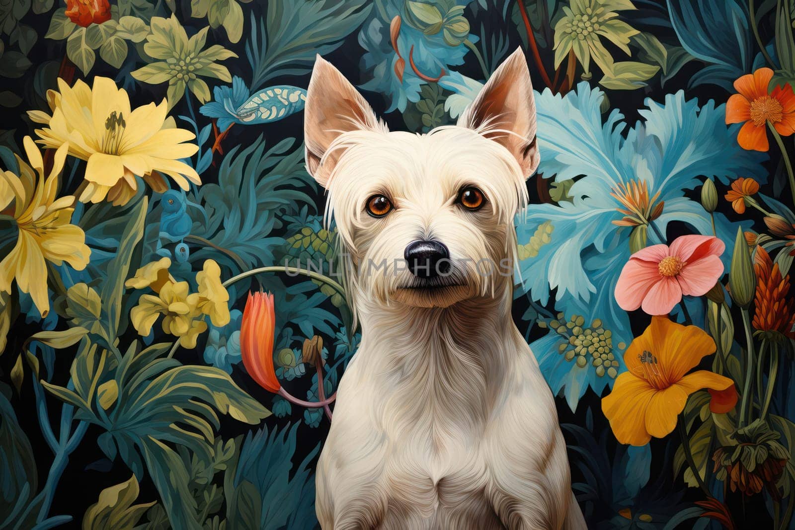 Cute Puppy, Happy and Lovely Jack Russell Terrier Sitting on Green Grass with Yellow Flowers in the Background