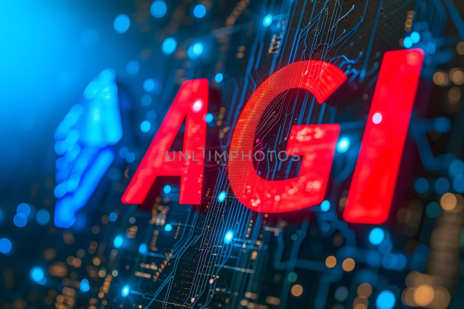 AGI - artificial general intelligence - red word on black circuit board with orange glow, dedicated AI hardware concept