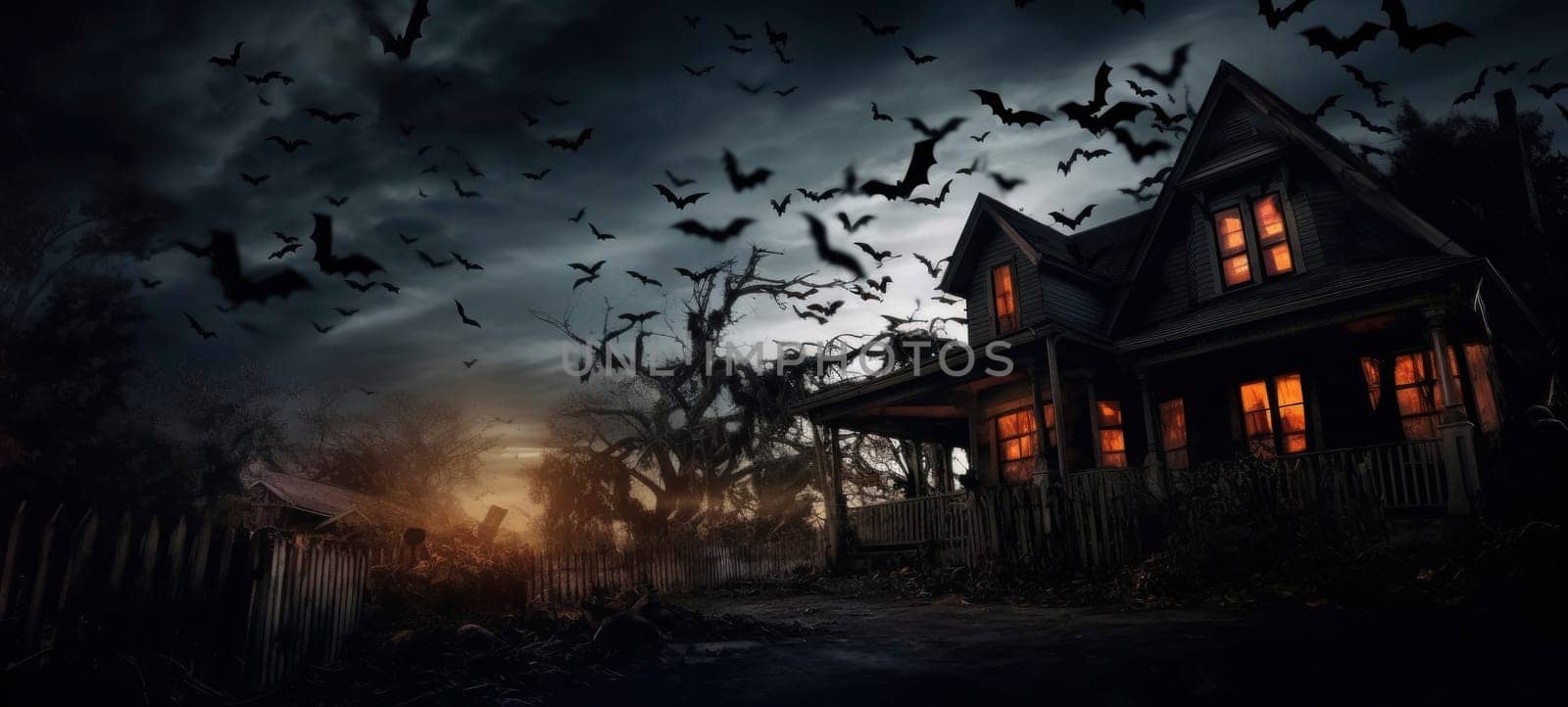 Eerie haunted house at twilight with a swarm of bats in the sky, creating a chilling atmosphere of a horror scene.