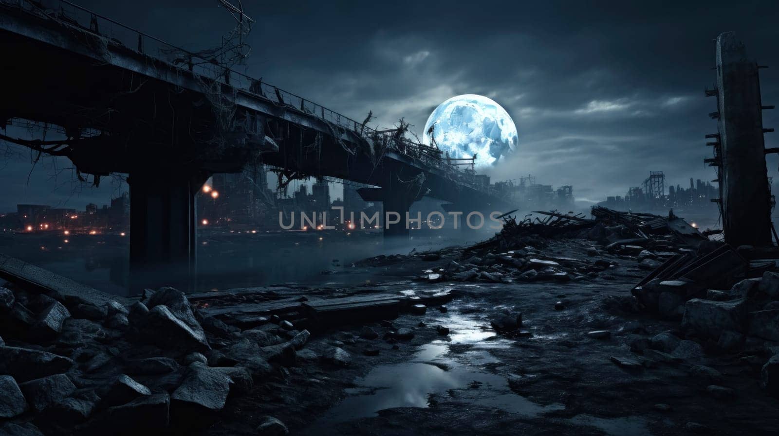 A dystopian view of a destroyed cityscape under a massive moon, conveying a sense of desolation and the aftermath of a catastrophe.