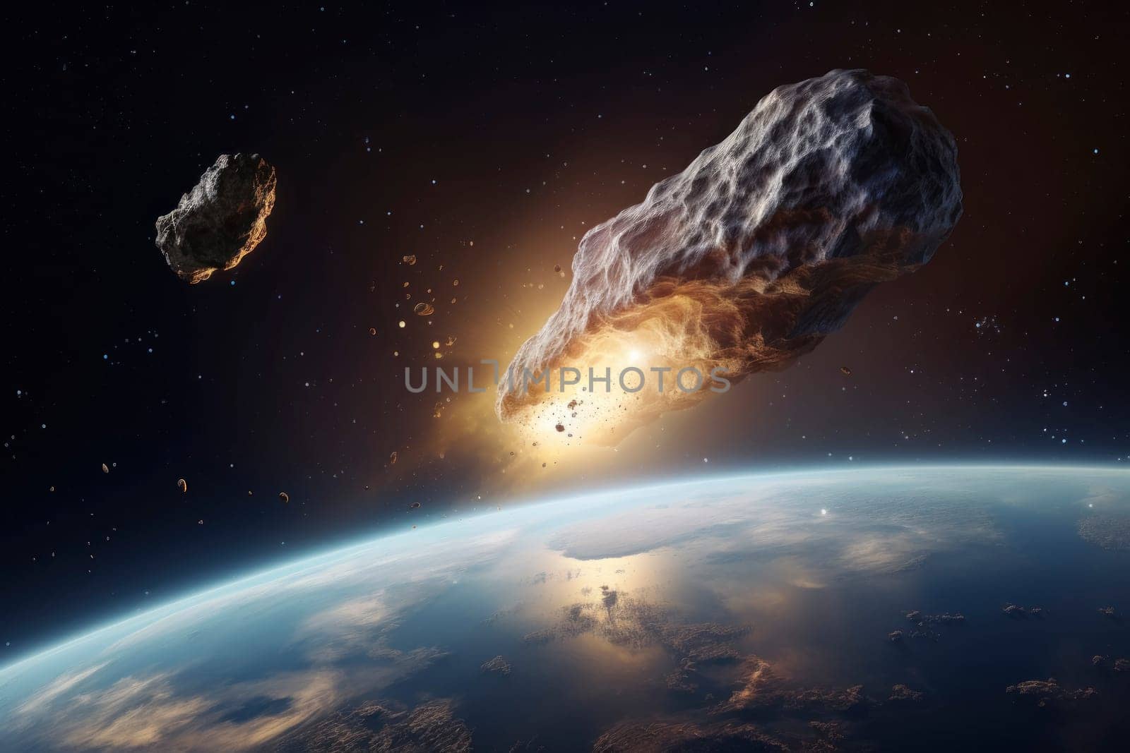 A photorealistic illustration of a large, fiery asteroid nearing Earth, depicting a moment of impending impact in space.