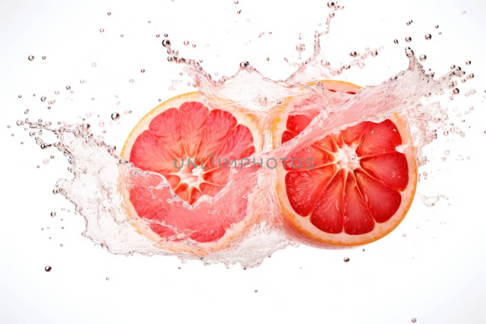 Vibrant grapefruit halves making a splash in water, capturing a moment of freshness with dynamic droplets.