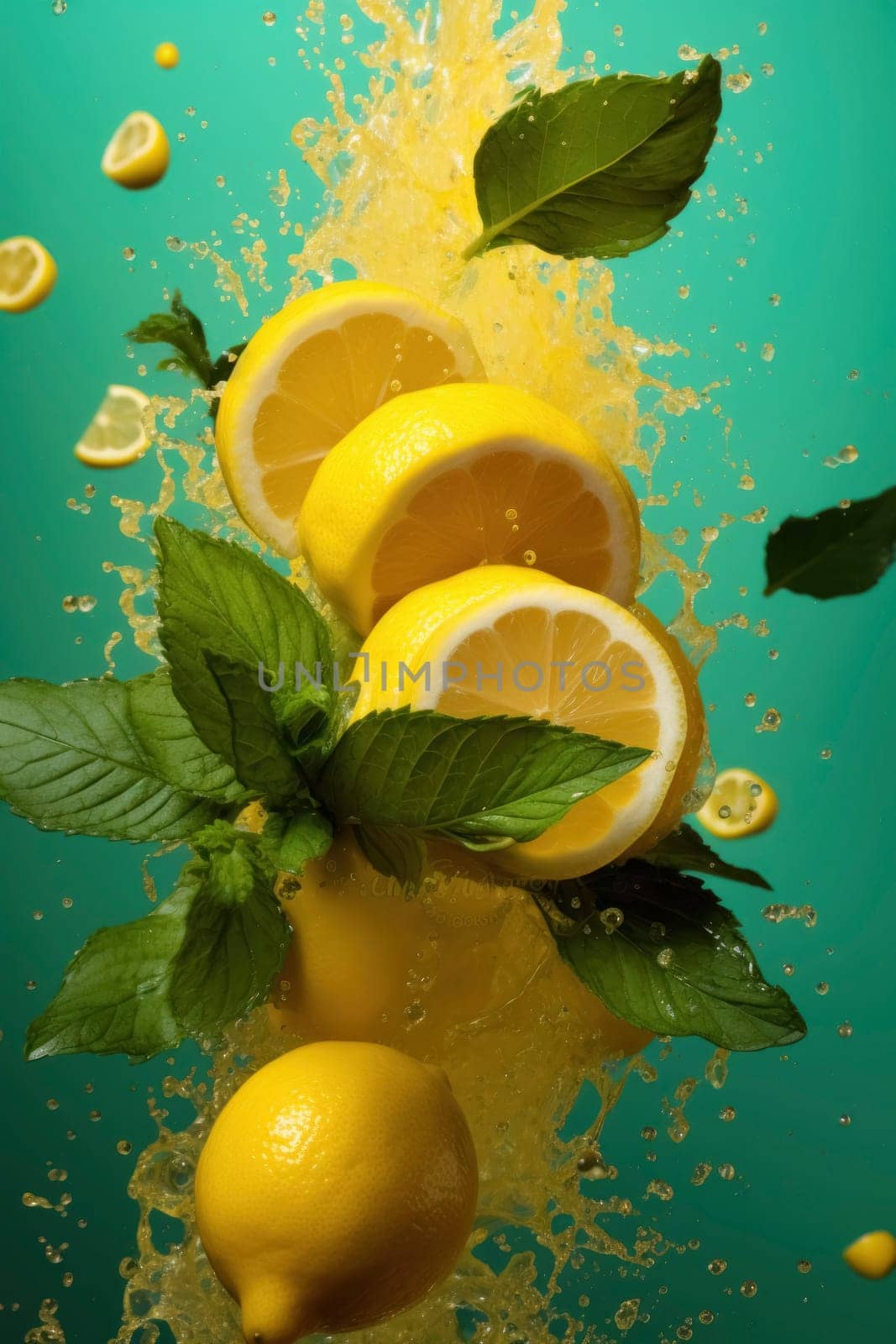 Vibrant citrus splash with lemons and fresh mint leaves against a teal background, symbolizing freshness and vitality.