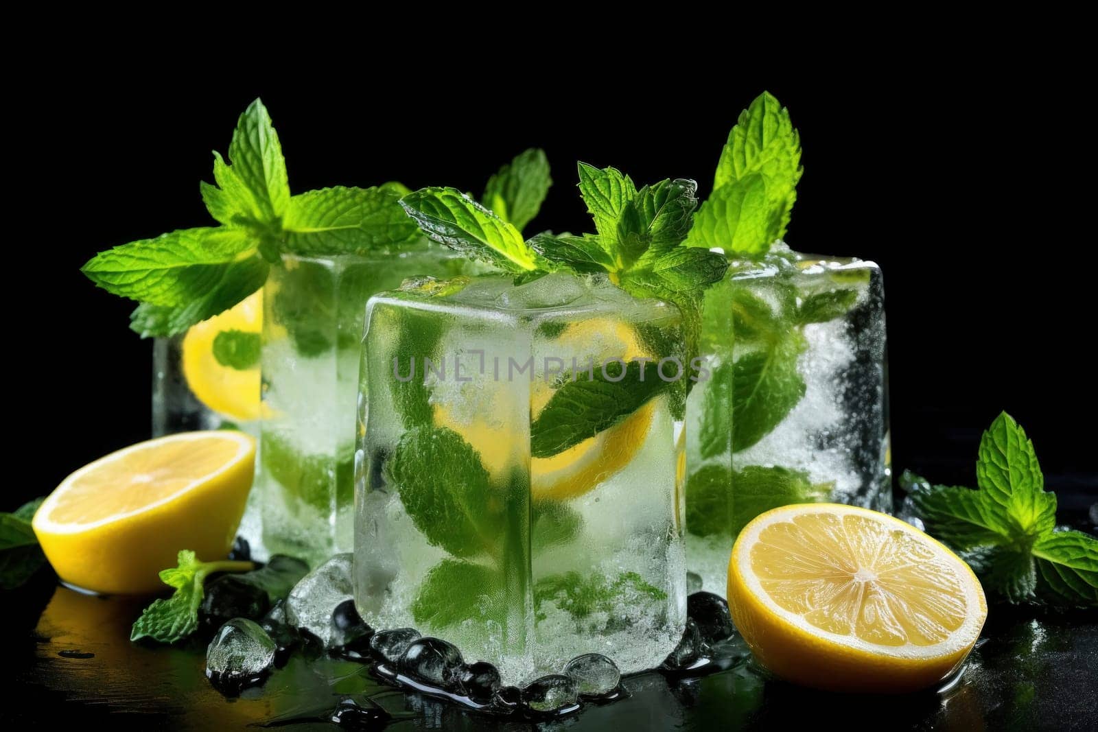 Chilled mojito cocktail adorned with fresh mint leaves, lemon slices, and ice cubes on a dark background.