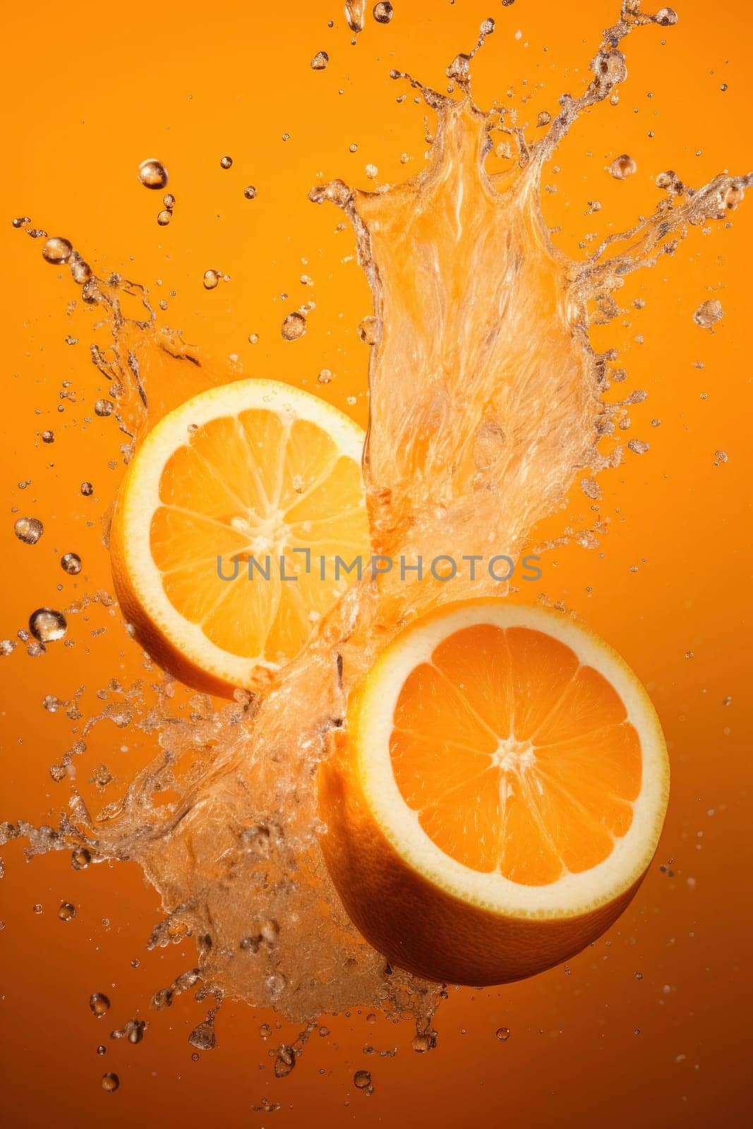 Halved oranges with a dynamic splash of juice against a bright orange background, evoking freshness and vitality.