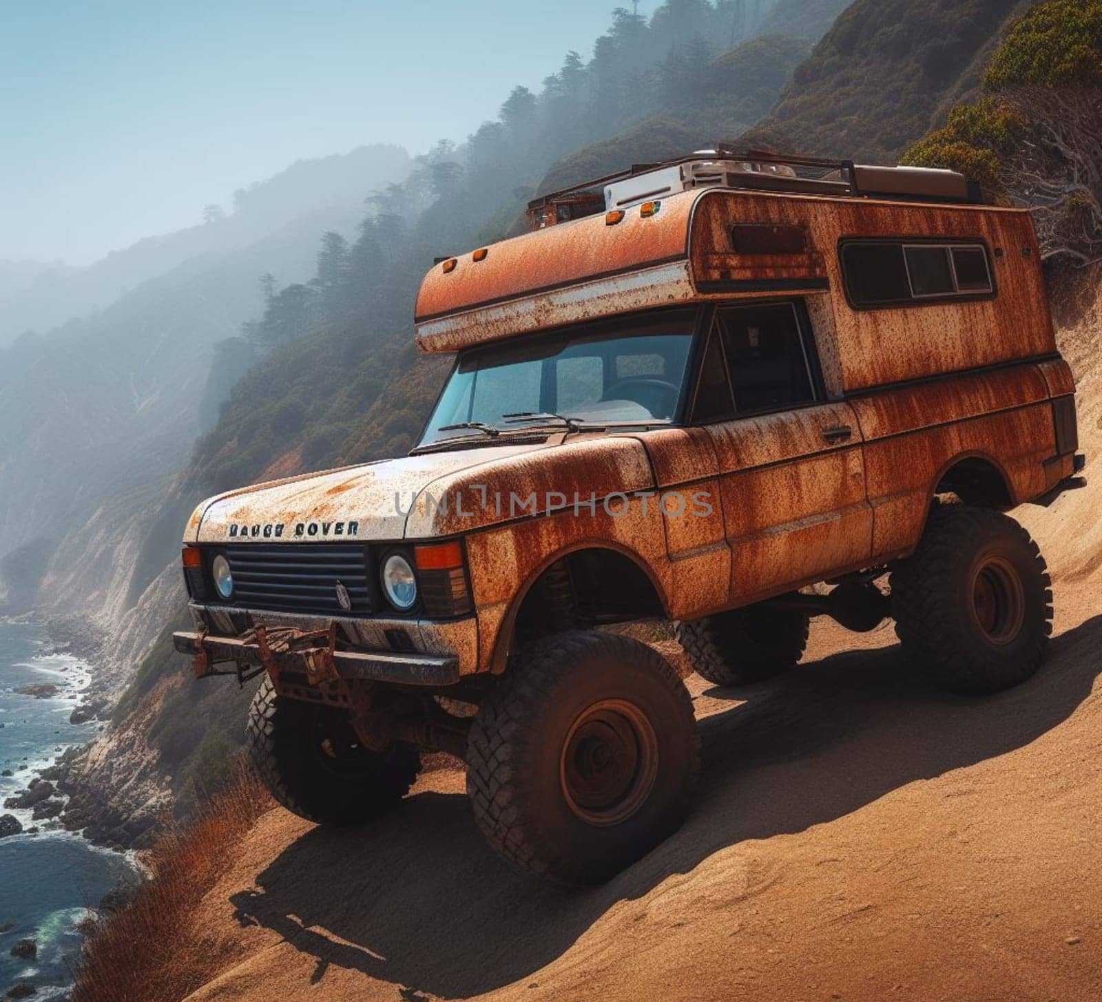 rusty dirt offroad 4x4 lifted vintage custom camper conversion jeep overlanding in mountain roads, nomadic lifestyle, adventure living, ai generated