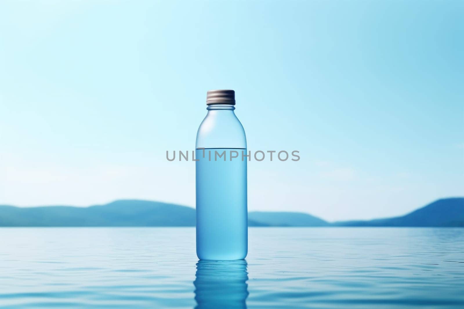 Water bottle aesthetic scenery blue background ultra realistic.