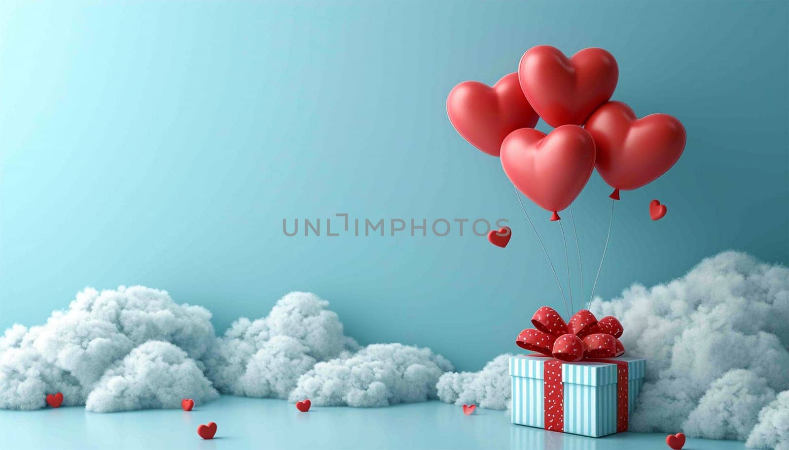 Valentine's day design. Realistic 3d pink gifts box in the clouds. Holiday banner, web poster, flyer, stylish brochure, greeting card, cover. Romantic background pastel background Copy space Happy Valentine's Day pastel