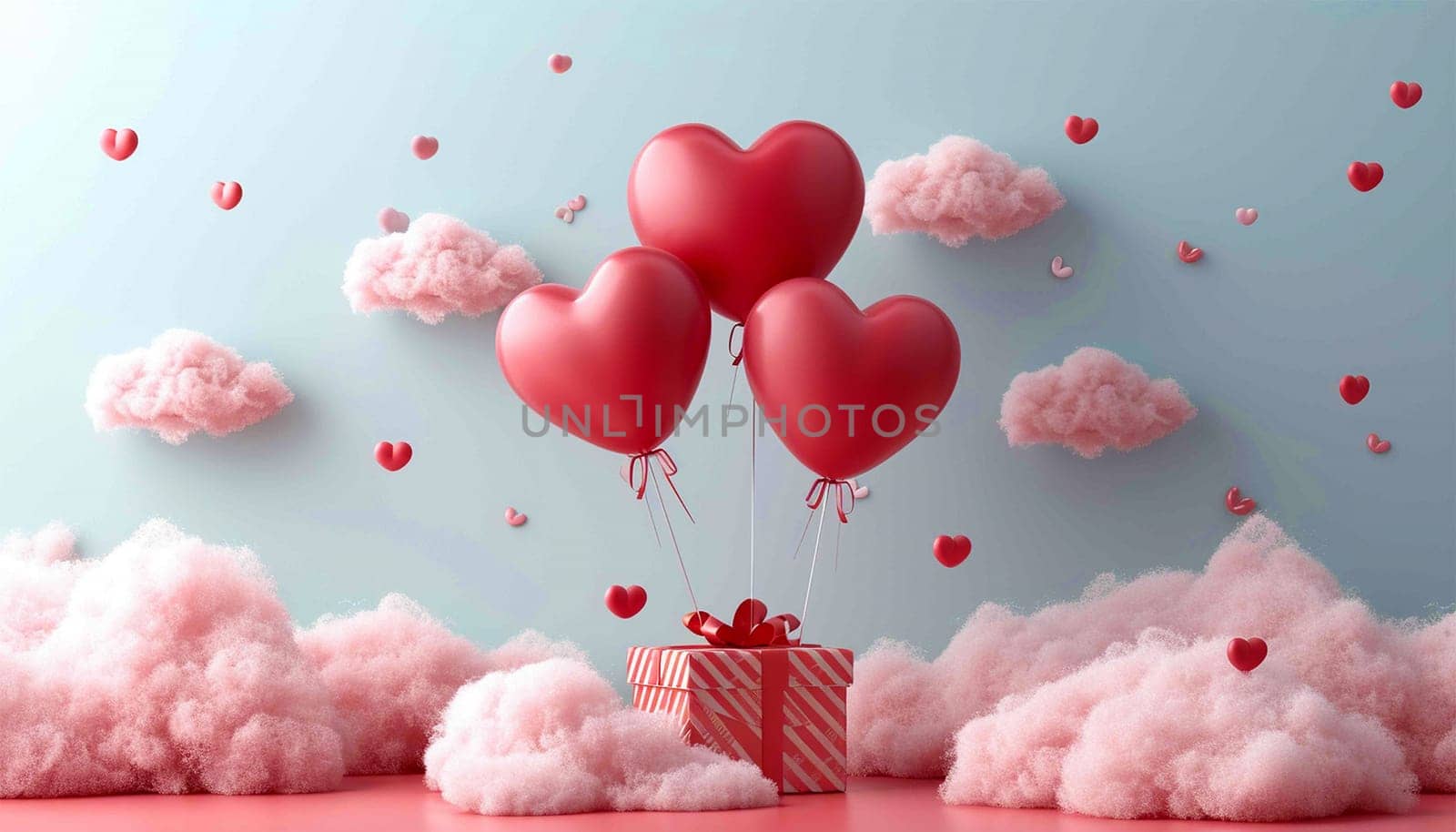 Valentine's day design. Realistic 3d pink gifts box in the clouds. Holiday banner, web poster, flyer, stylish brochure, greeting card, cover. Romantic background pastel background Copy space Happy Valentine's Day by Annebel146