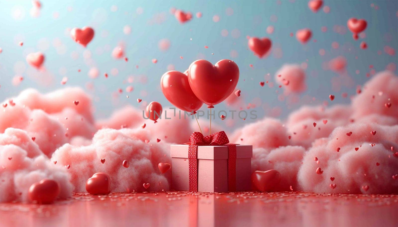 Valentine's day design. Realistic 3d pink gifts box in the clouds. Holiday banner, web poster, flyer, stylish brochure, greeting card, cover. Romantic background pastel background Copy space Happy Valentine's Day pastel