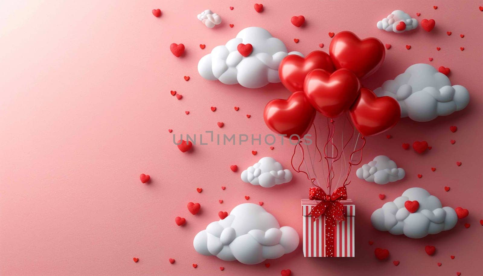 Valentine's day design. Realistic 3d pink gifts box in the clouds. Holiday banner, web poster, flyer, stylish brochure, greeting card, cover. Romantic background pastel background Copy space Happy Valentine's Day pastel