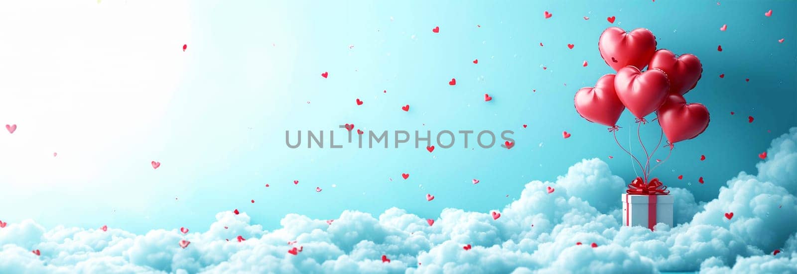 Valentine's day design. Realistic 3d pink gifts box in the clouds. Holiday banner, web poster, flyer, stylish brochure, greeting card, cover. Romantic background pastel background Copy space Happy Valentine's Day pastel