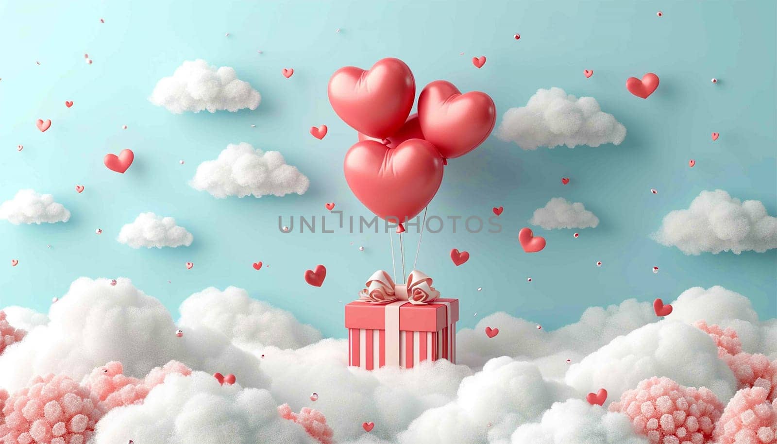 Valentine's day design. Realistic 3d pink gifts box in the clouds. Holiday banner, web poster, flyer, stylish brochure, greeting card, cover. Romantic background pastel background Copy space Happy Valentine's Day by Annebel146