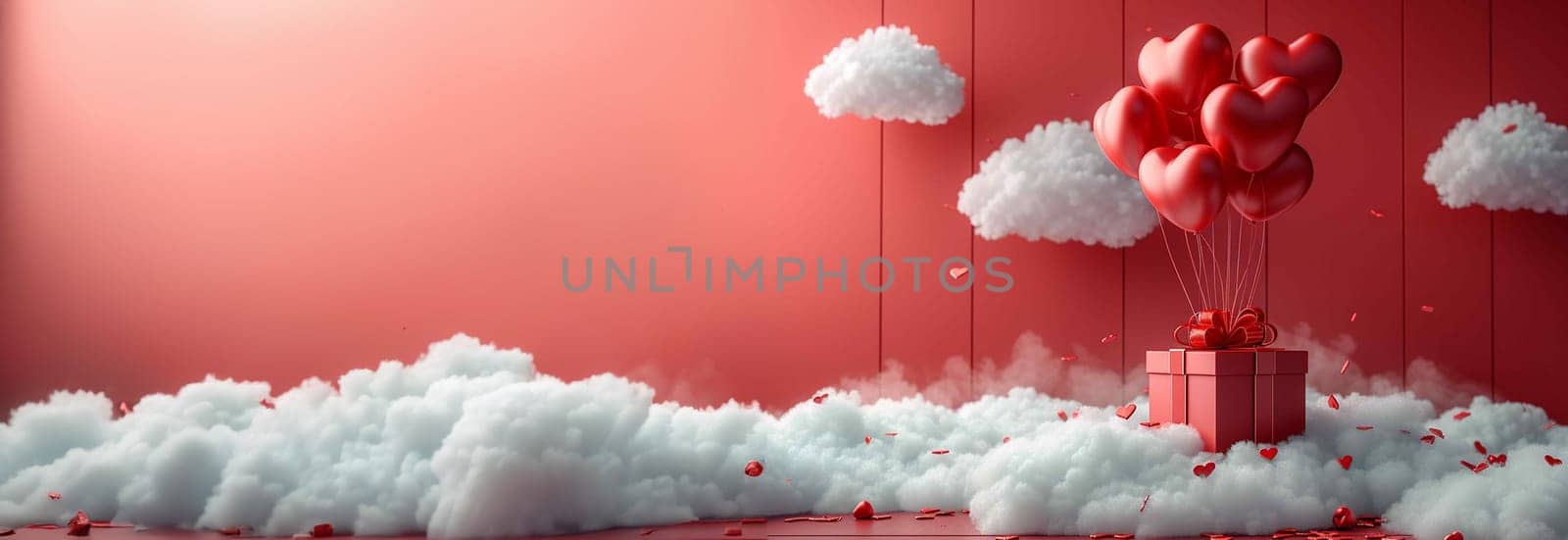 Valentine's day design. Realistic 3d pink gifts box in the clouds. Holiday banner, web poster, flyer, stylish brochure, greeting card, cover. Romantic background pastel background Copy space Happy Valentine's Day pastel