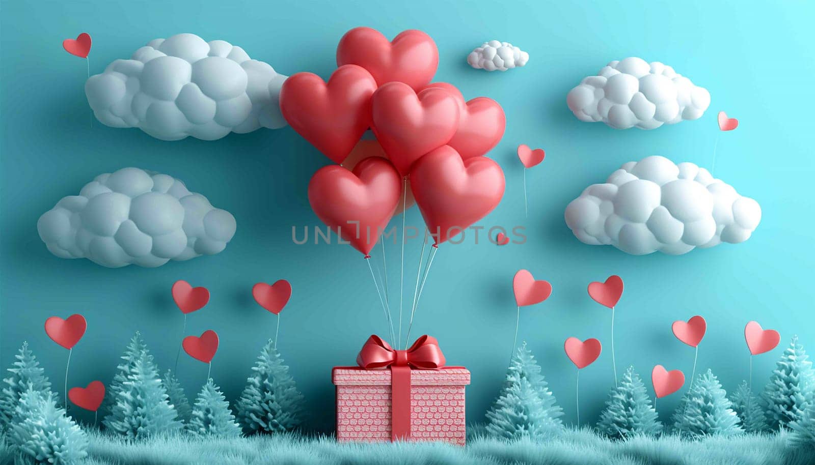 Valentine's day design. Realistic 3d pink gifts box in the clouds. Holiday banner, web poster, flyer, stylish brochure, greeting card, cover. Romantic background pastel background Copy space Happy Valentine's Day by Annebel146