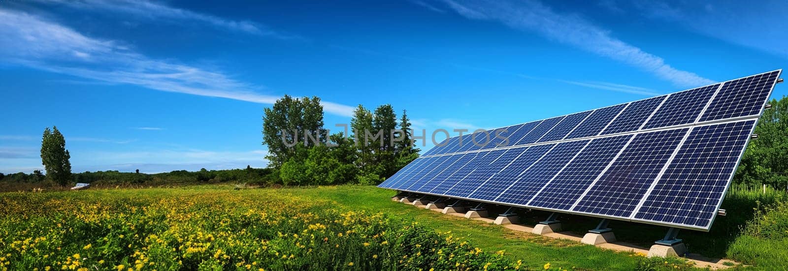 Solar power station with solar panels for producing electric power energy by green power. Technology and electrical industrial power plant concept. 3D illustration rendering blue sky