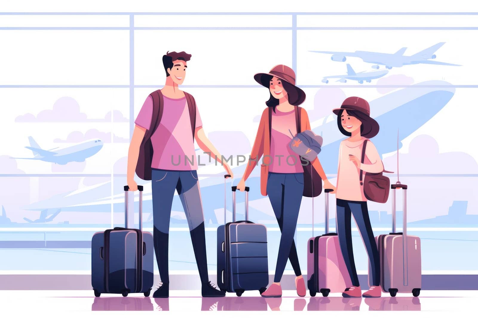 Family Trip Concept, family travel at airport,Time for family vacation, family travel at airport 2d, Generative AI.