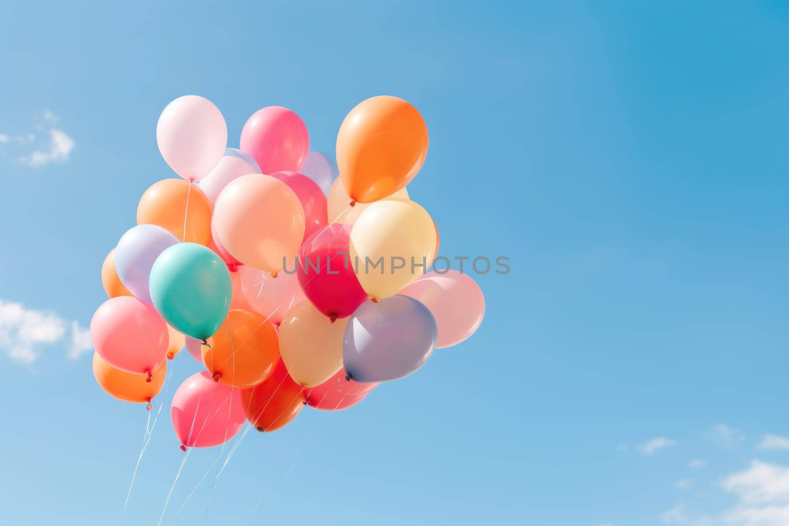 Colorful balloons floating against a clear blue sky, Generative AI.