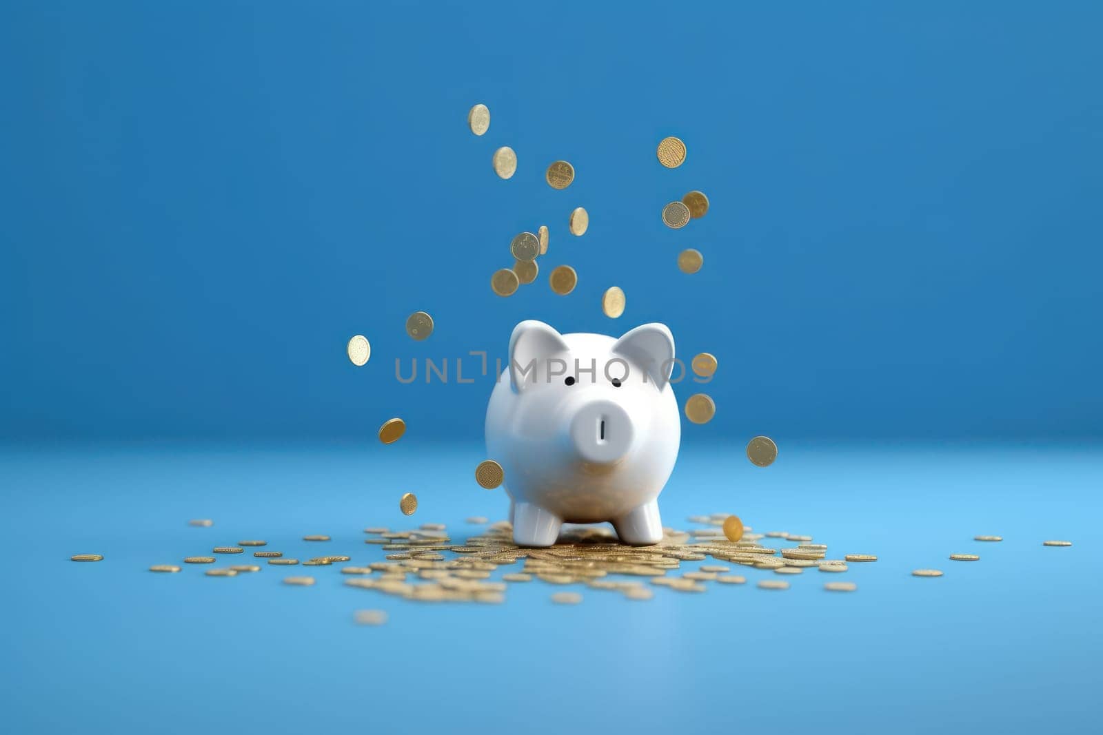 Piggy bank with falling coins. Savings and investment. Generative Ai.