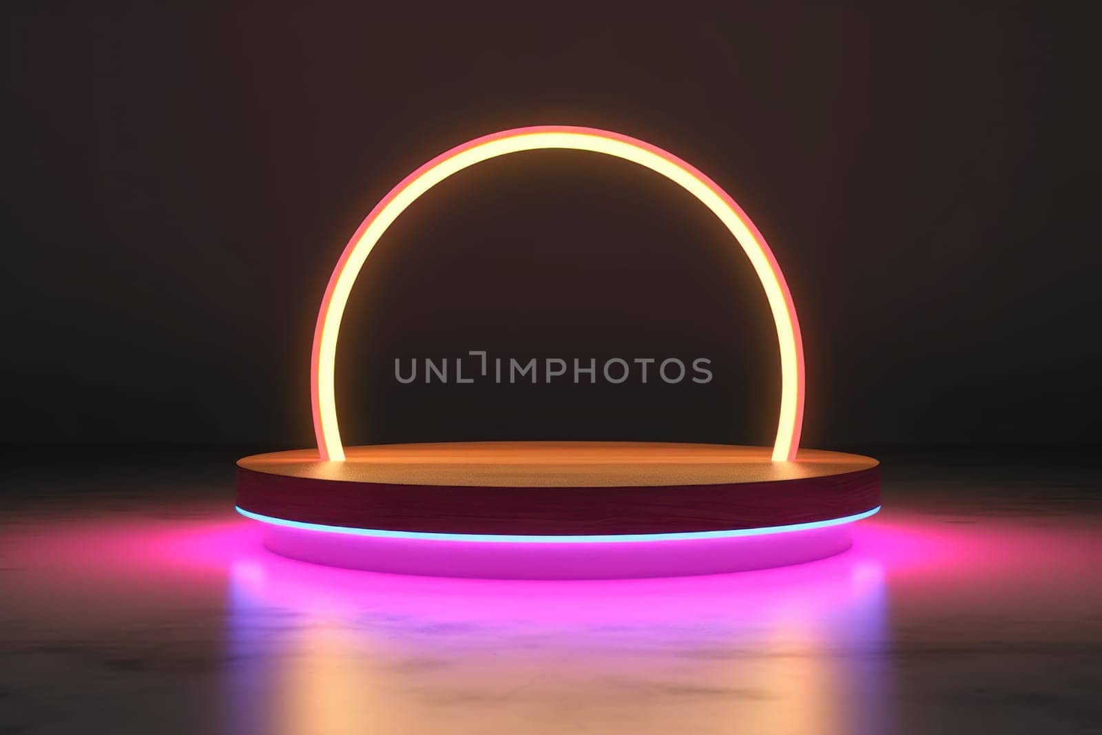 illustration of 3d rendering abstract podium neon circle tunneling lights for ecommerce signs retail by nijieimu