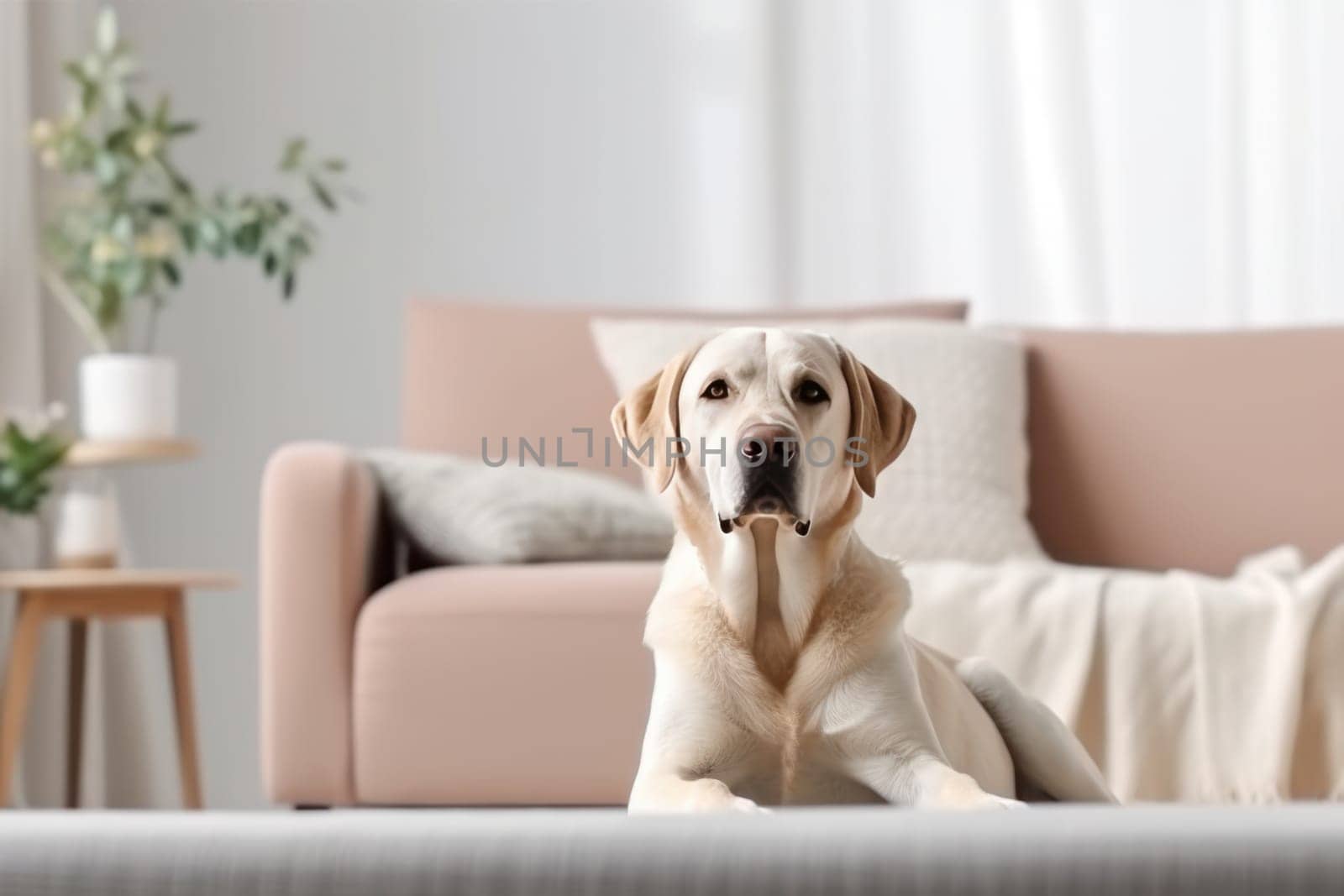 Modern living room interior Cute Golden Labrador Retriever near couch Generative AI.