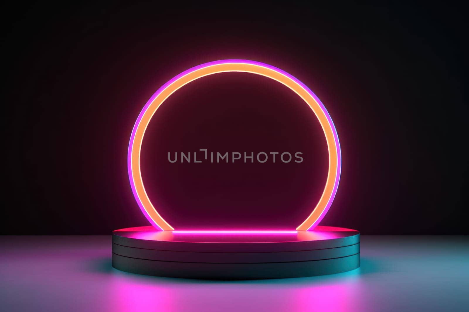 illustration of 3d rendering abstract podium neon circle tunneling lights for ecommerce signs retail by nijieimu