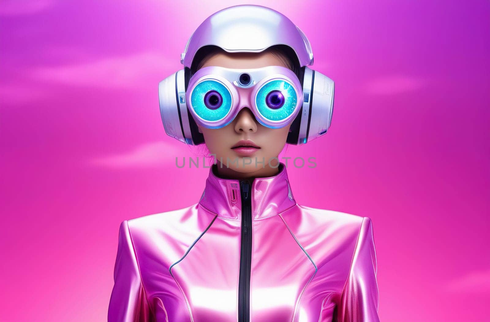 Beautiful woman in futuristic costume over glowing background. Violet neon light. Portrait of young girl in modern headphones listening music. Concept of future