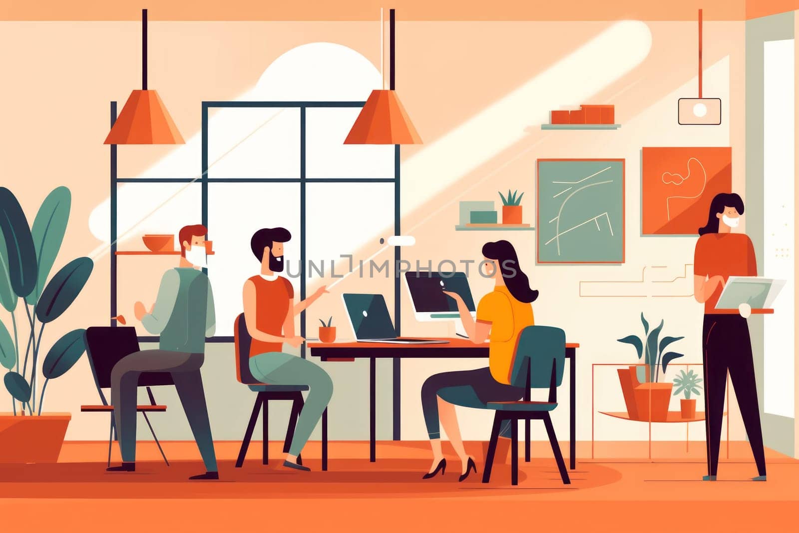 Group business team video conference meeting online concept. flat illustration cartoon character design concept, Generative AI by nijieimu
