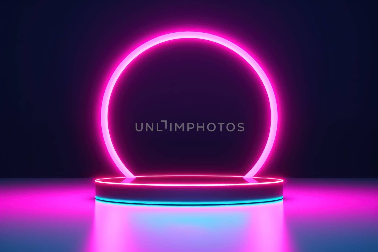 illustration of 3d rendering abstract podium neon circle tunneling lights for ecommerce signs retail.